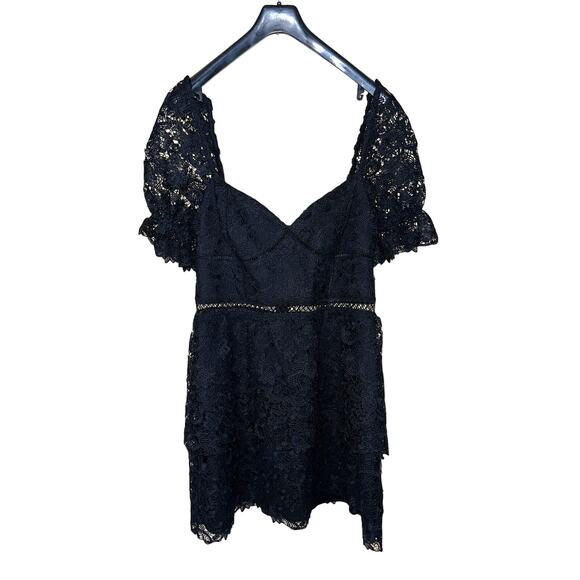 Bardot Dress Womens 12 Sexy Black Lace Puff Sleeve Tiered Mini Party Cocktail - Picture 5 of 14